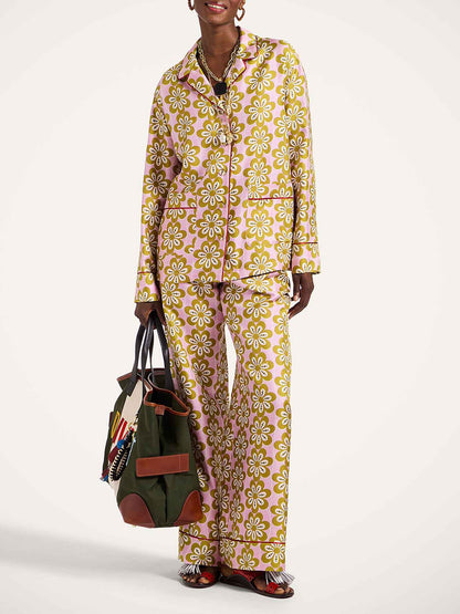 Exquise Satijnen Bloemenprint Lange Mouwen Pyjama Set