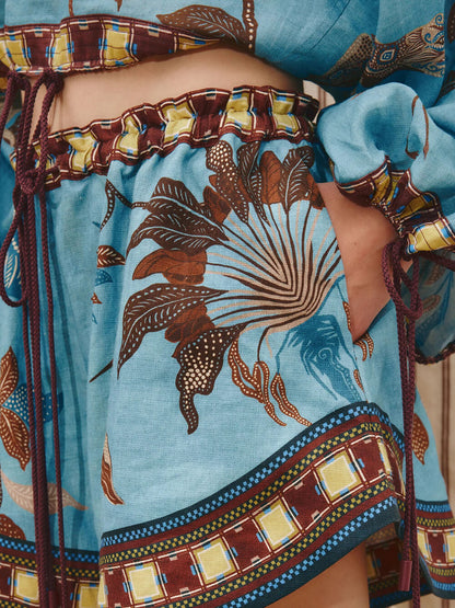 Boho Print Kleurblok Trekkoord Drop Shoulder Top en Shorts Set