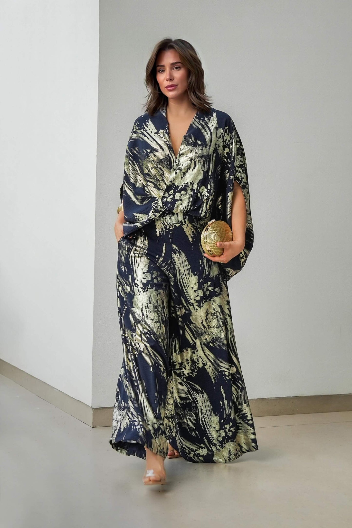 Retro Mode Etnische Print Drop-Schouder Top Elastische Taille Brede Pantalon Set