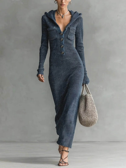 Casual Gebreid Maxi Jurk met Capuchon