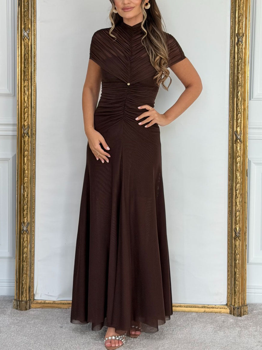 Mesh Geplooide Maxi Jurk met Korte Mouwen