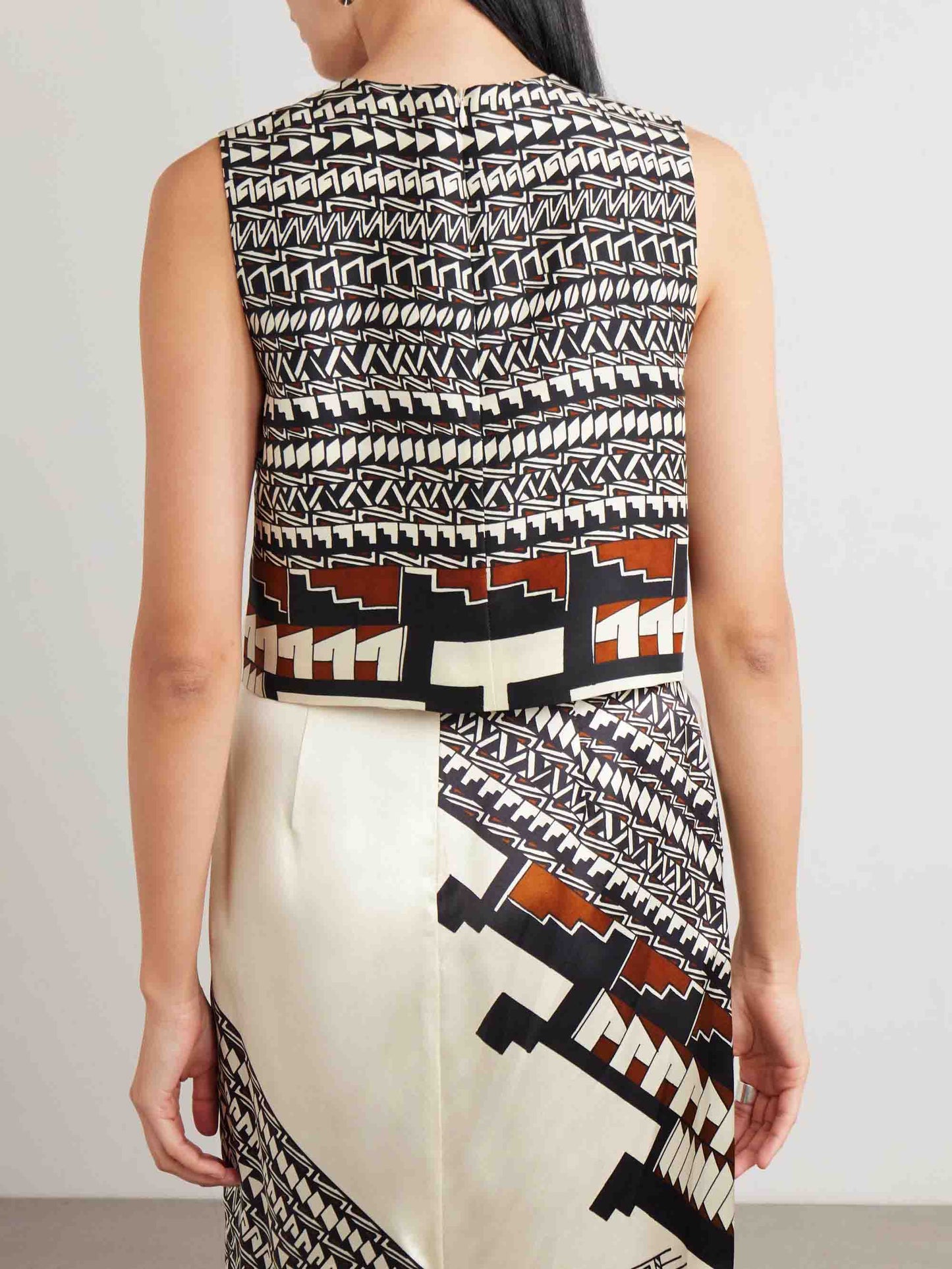 Geometrische Print Satijnen Crop Top & Midi Rok Twee-delige Set