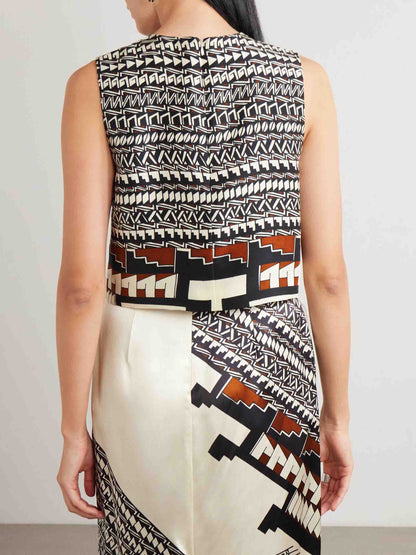 Geometrische Print Satijnen Crop Top & Midi Rok Twee-delige Set