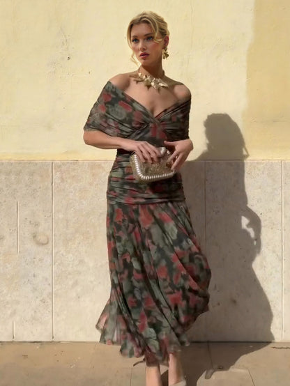 Elegante Mesh Aquarel Print Geplooide Maxi Jurk