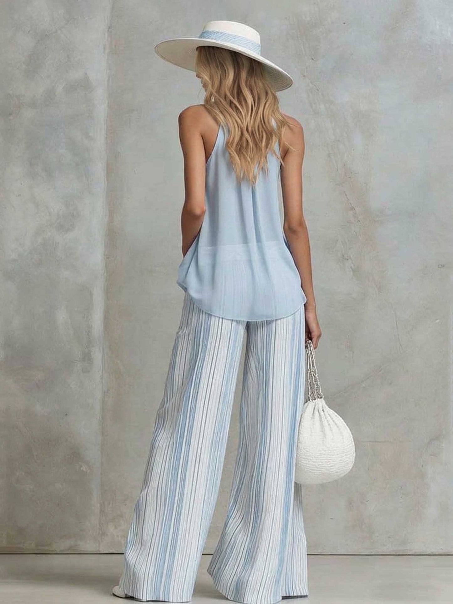 Elegante Mouwloze Top & Gestreepte Wijde Broek Set