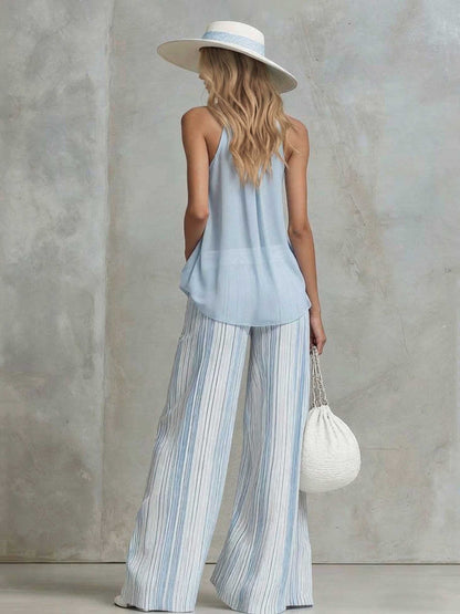 Elegante Mouwloze Top & Gestreepte Wijde Broek Set