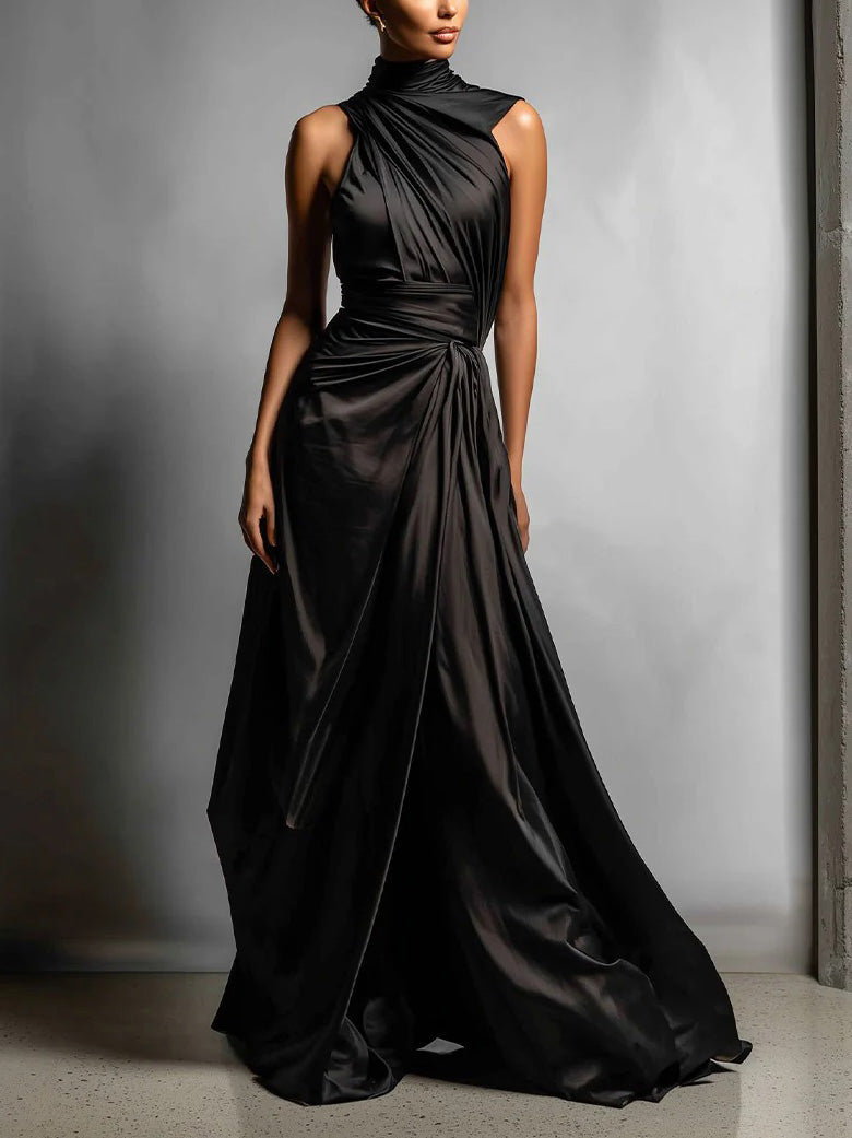 Elegante Maxi-jurk van Satijn met Hoge Hals