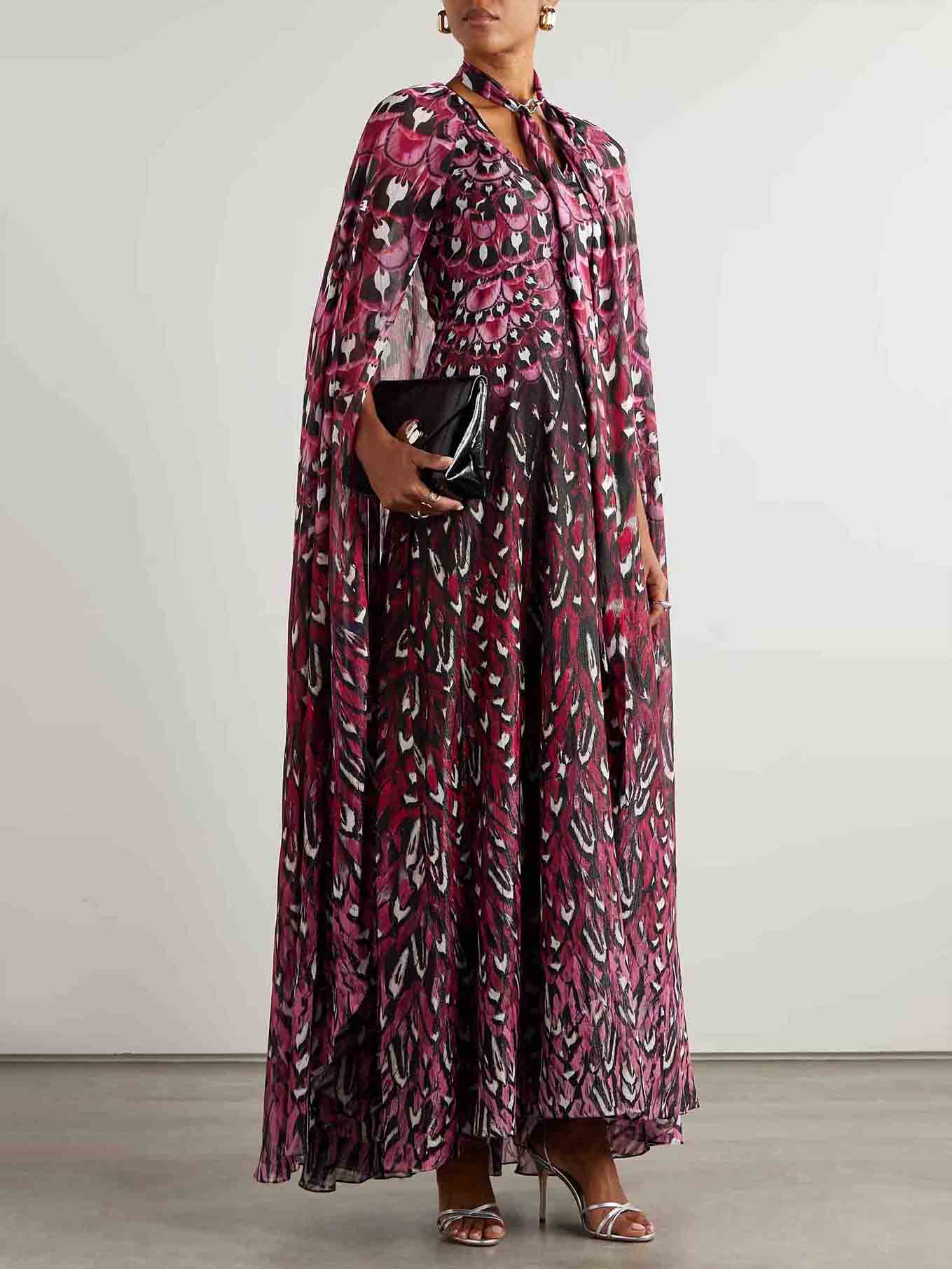 Exquise Floral Print Cape-stijl Maxi Jurk