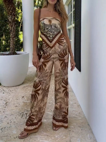 Retro Jungle Print Strapless Top & Wijde Pantalon Twee-Delige Set
