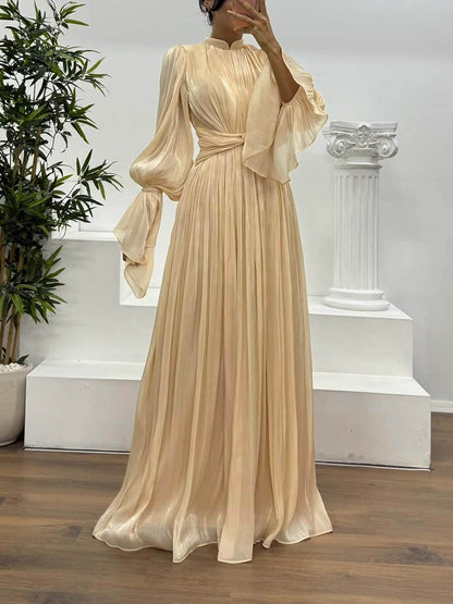 Modieuze Plissé Taille Lange Mouwen Chiffon Avond Maxi Jurk