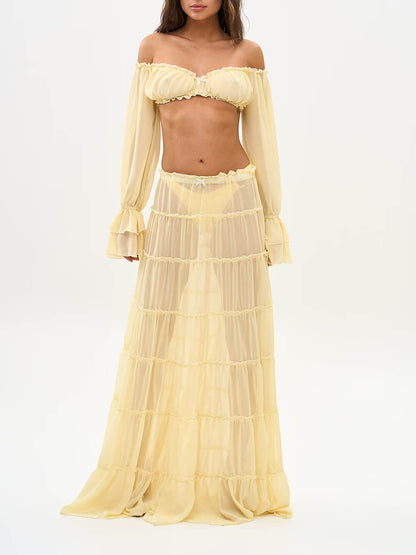 Mode Off Shoulder Lange Bell Sleeve Crop Top en Elastische Taille Laag Overhemd Maxi Rok Set