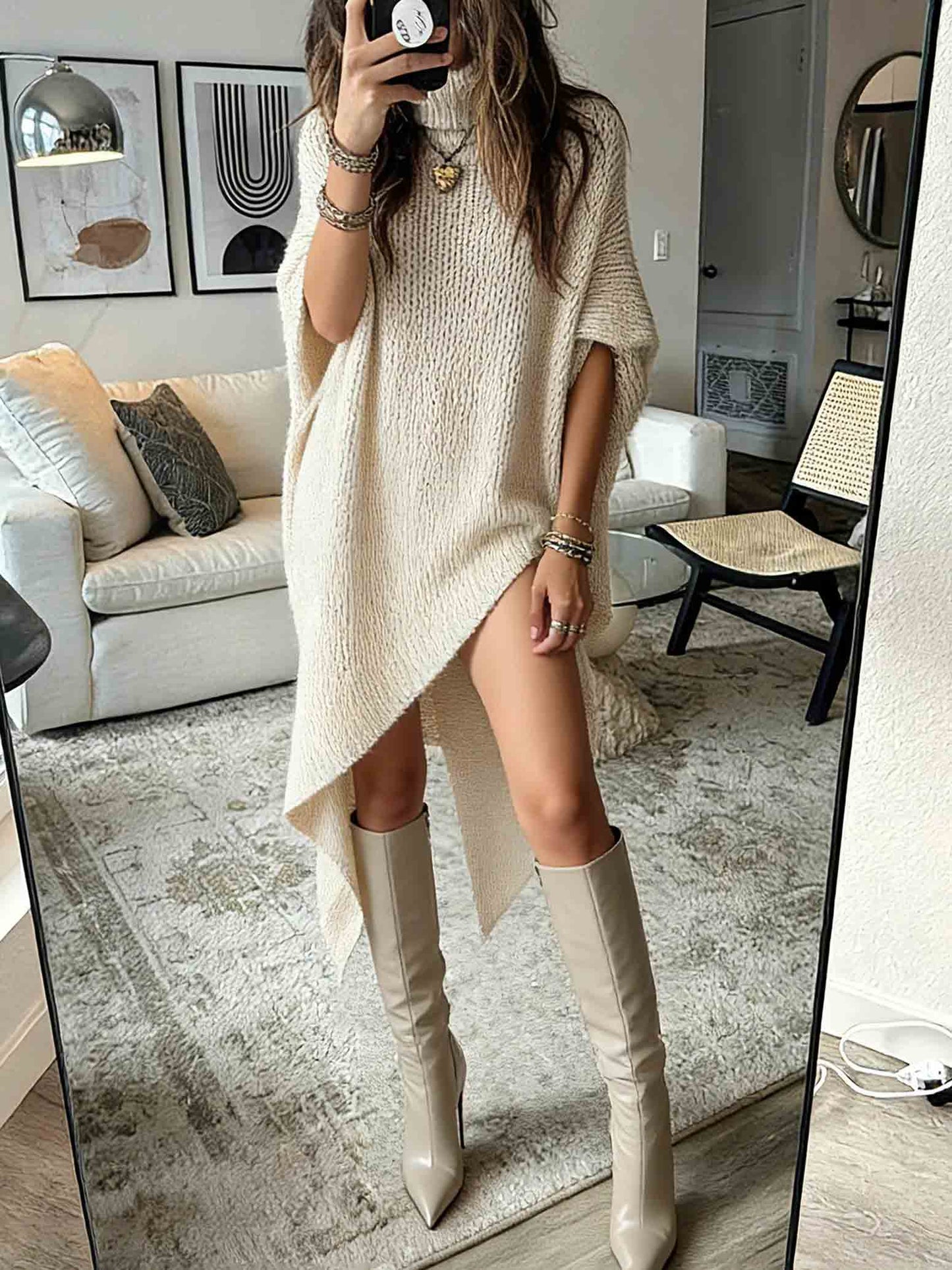 Asymmetrische Hem Hoge Hals Brei Midi Jurk