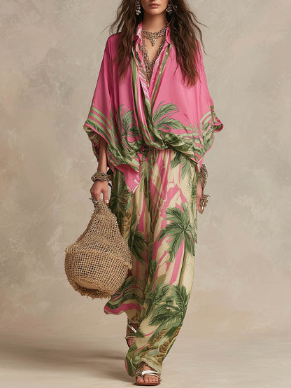 Bohemian Tropische Print Vloeiende Top & Brede Broek Twee-Delige Set