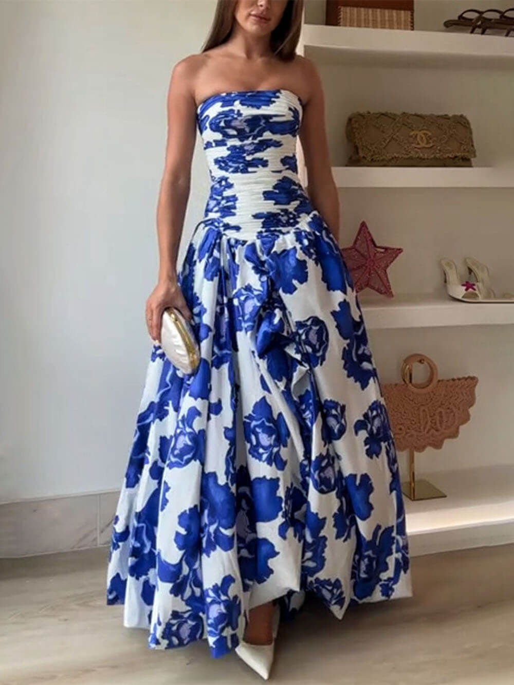Elegant Perfect Moment Bloem Off-Shoulder Gerimpelde Bodice Drapé Bubble Hem Maxi Jurk