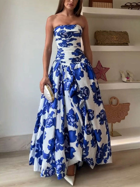 Elegant Perfect Moment Bloem Off-Shoulder Gerimpelde Bodice Drapé Bubble Hem Maxi Jurk