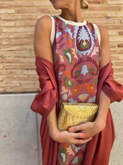 Elegante Gedrukte Ronde Hals Tankjurk met Cape Twee-delige Set
