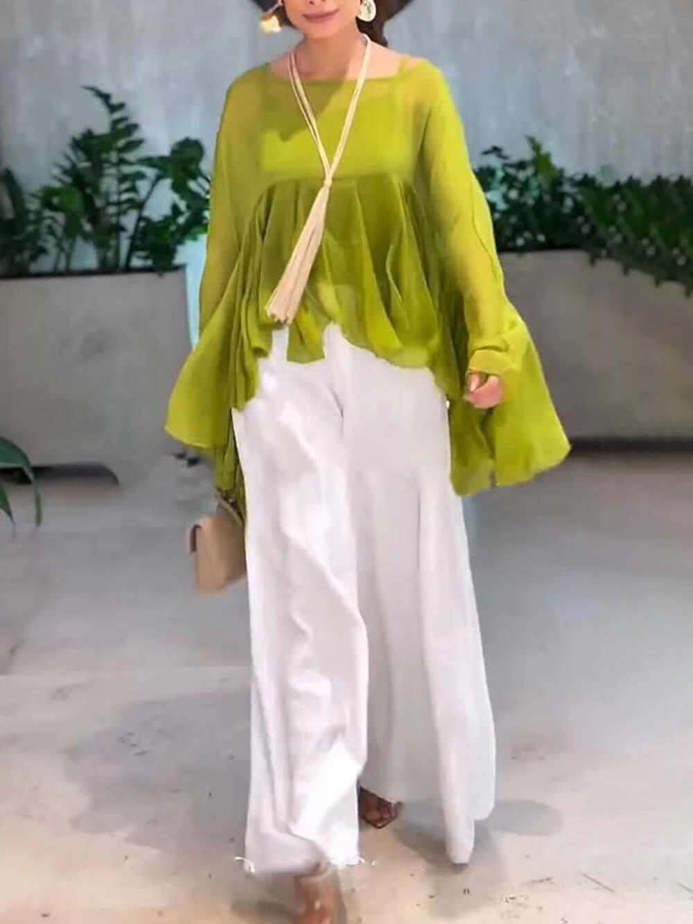 Elegante Romantische Reis Chiffon Ruffle Batwing Mouw Top