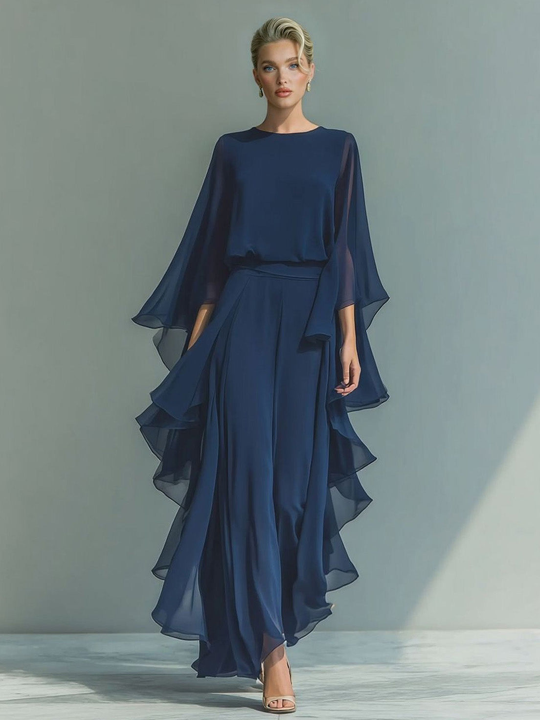 Chiffon Top met Belmouwen & Rechte Broek Twee-Piece Set