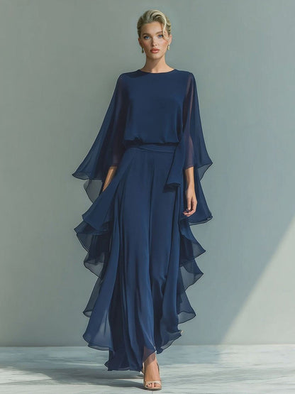 Chiffon Top met Belmouwen & Rechte Broek Twee-Piece Set