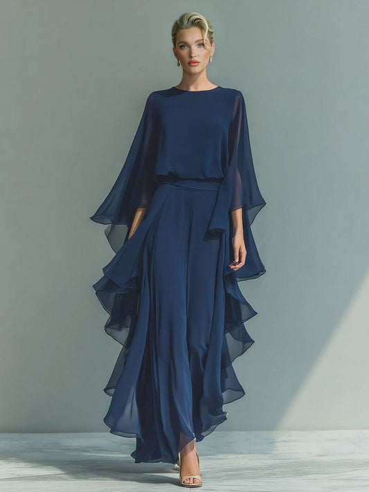Chiffon Top met Belmouwen & Rechte Broek Twee-Piece Set