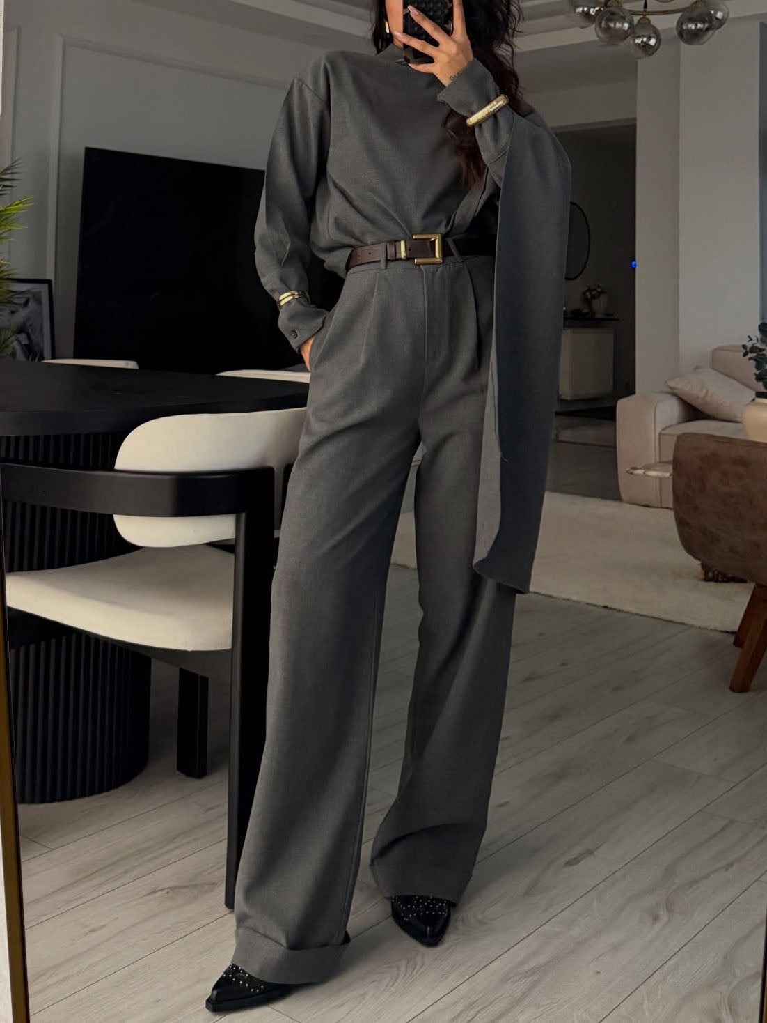 Elegante Gelaagde Sjaal Shirt & Wijde Broek Twee-Stuk Set