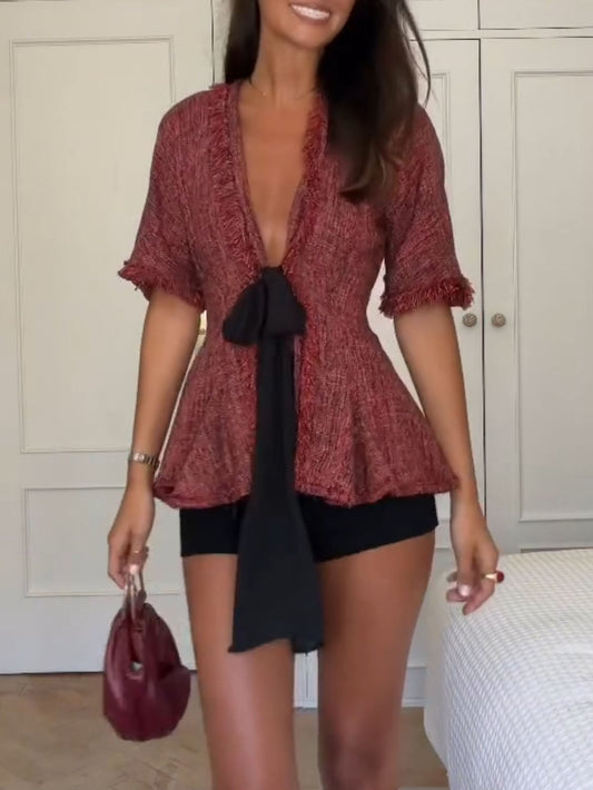 Tweed Peplum Top & Zwarte Shorts Twee-Delige Set