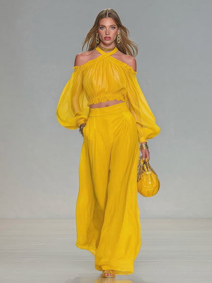 Elegante Off-Shoulder Top & Brede Pantalon Twee-Delige Set