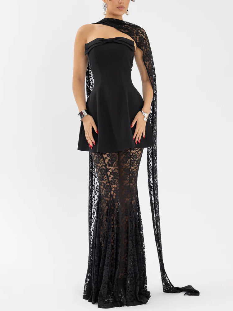 Elegante Strapless Mini Jurk En Kanten Maxi Rok Set