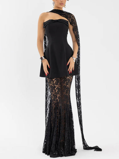 Elegante Strapless Mini Jurk En Kanten Maxi Rok Set