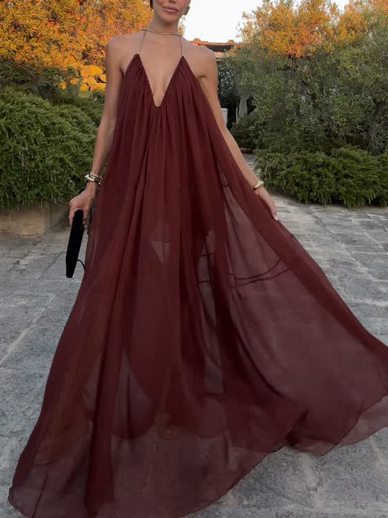Elegante V-hals Chiffon Vloeiende Maxi Jurk