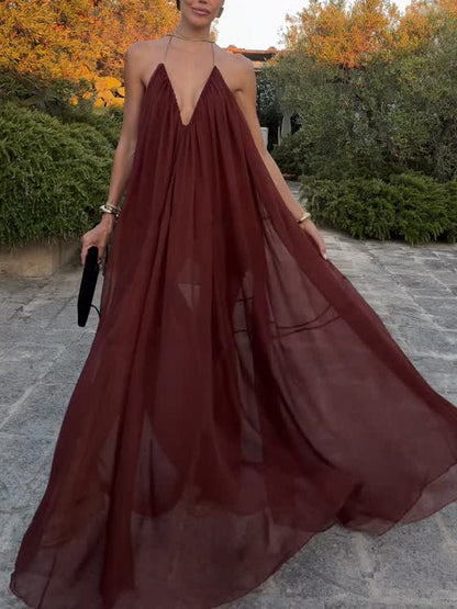 Elegante V-hals Chiffon Vloeiende Maxi Jurk