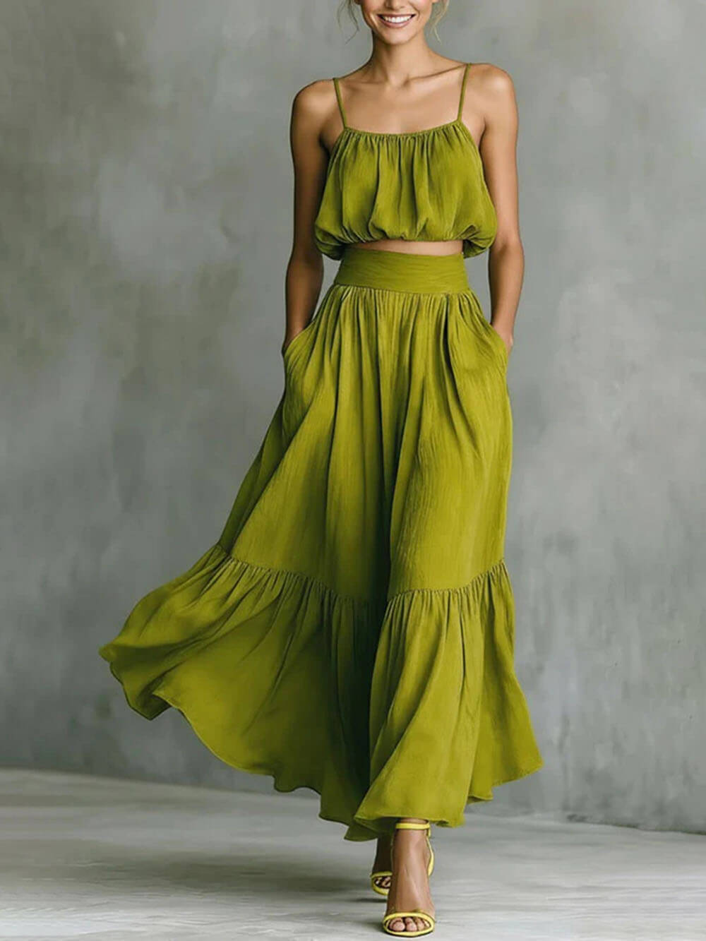 Mode Linnenmix Bubble Slip Tank en Hoge Taille Pocket A-lijn Maxi Rok Set