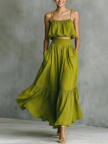 Fashion Linnenmix Bubble Slip Tank en Hoge Taille Pocket A-lijn Maxi Rok Set