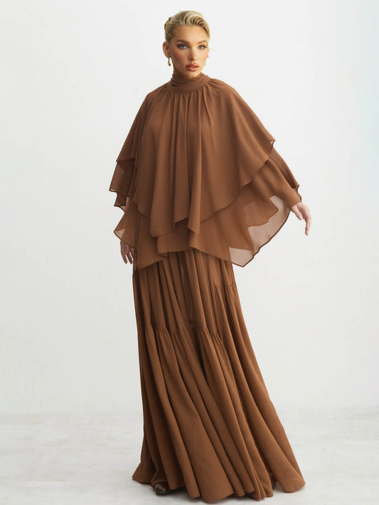 Elegante Chiffon Cape Top En Gelaagde Maxi Rok Twee-delige Set