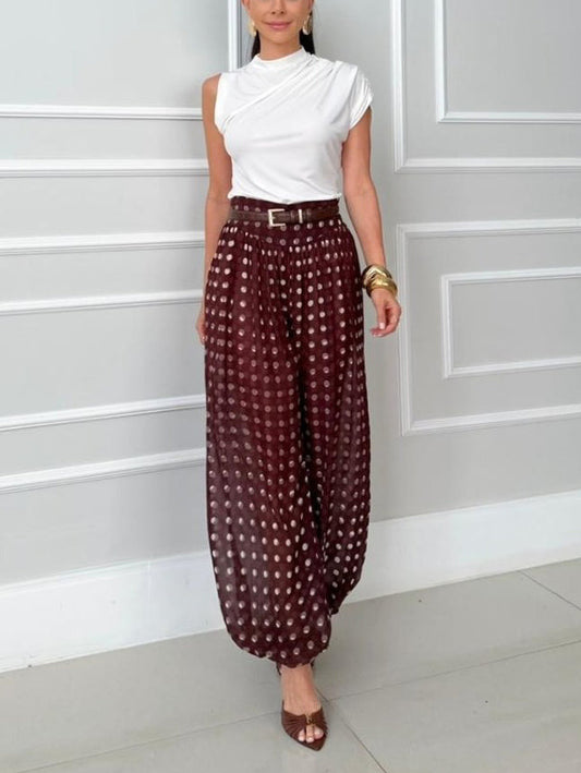 Casual Gebreide Vest & Polka Dot Chiffon Harem Broek Twee-Stuk Set
