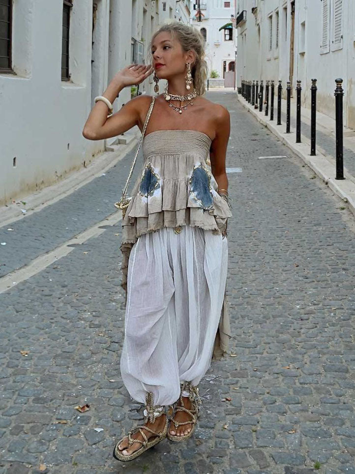 Bohemian Stijl Gelaagd Rimpel Strapless Twee-delig Set