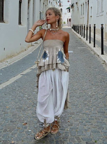Bohemian Stijl Gelaagd Rimpel Strapless Twee-delig Set