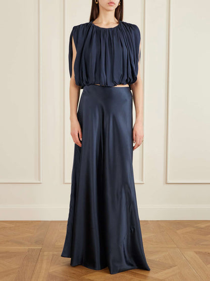 Elegante Gerimpelde Crop Top & Satijnen Midi Rok Set