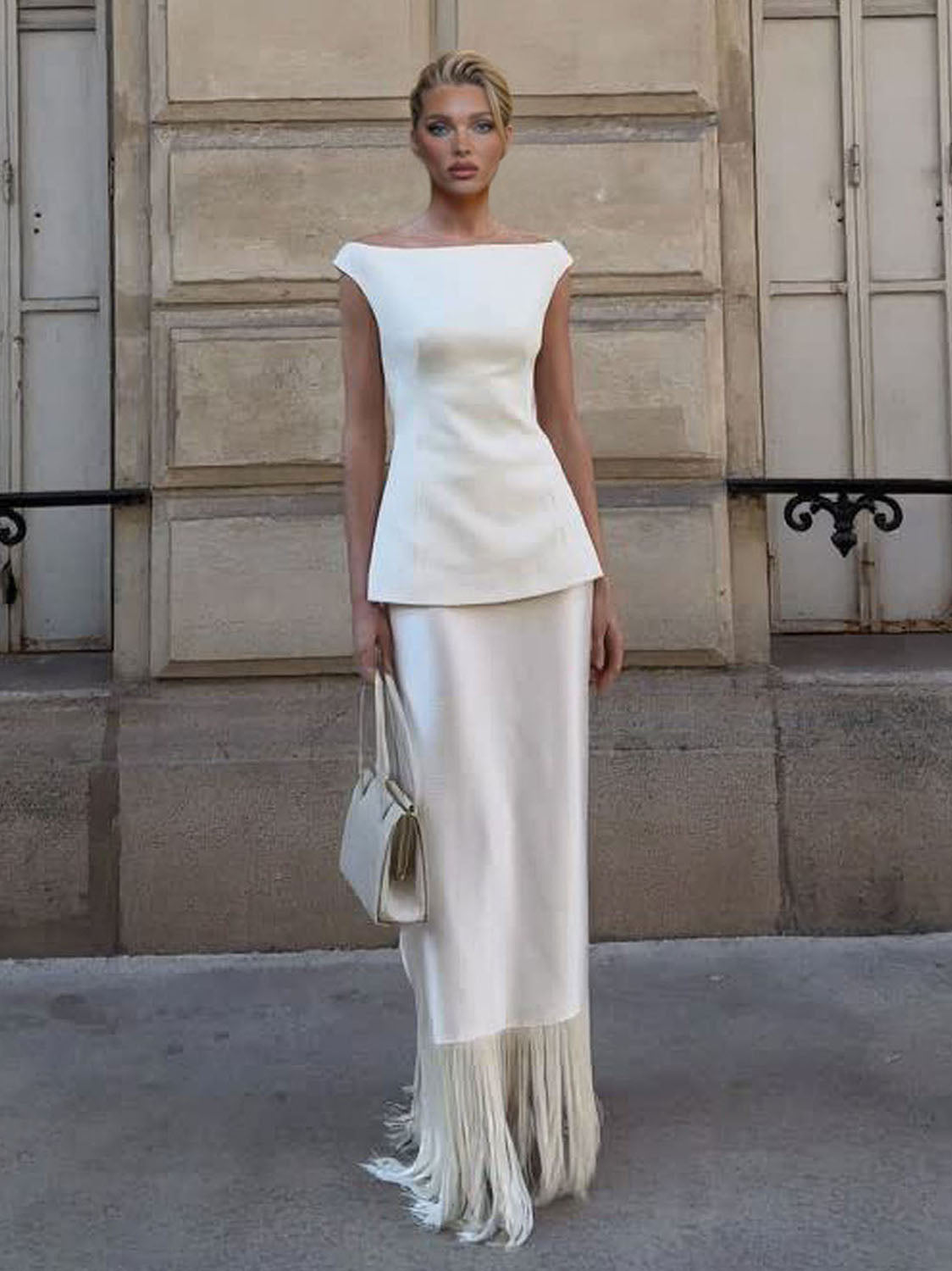 Elegante Satijnen Fringe Hem Rok Tweedelige Set
