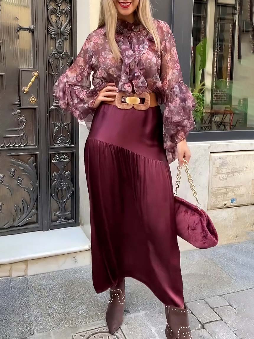 Elegante Bloemige Rimpel Chiffon Shirt En Rok Twee-delige Set