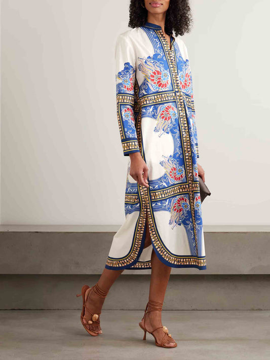 Elegante Boheemse Print Shirt Midi Jurk