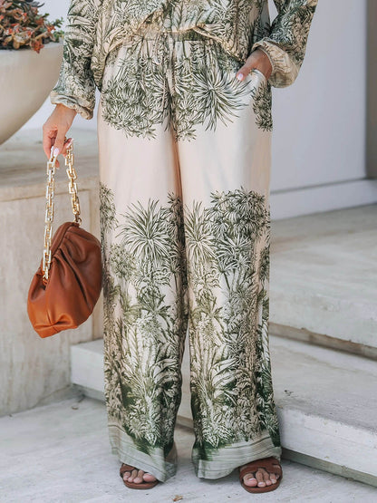 Casual Palm Leaf Print Losse Shirt En Wijde Pantalon Set