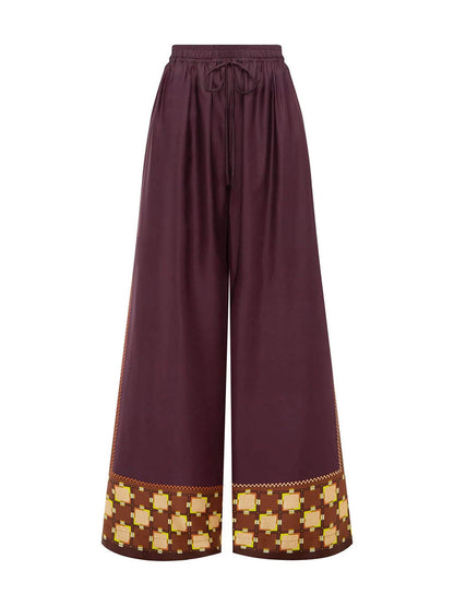 Unieke Paisley Kleur-Block Satijnen Shirt En Elastische Taille Wijde Broek Set