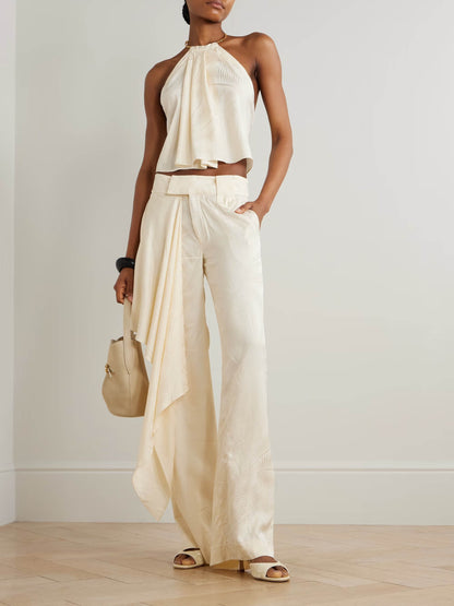 Elegante Rugloze Cropped Top & Draped Wijde Broek Set