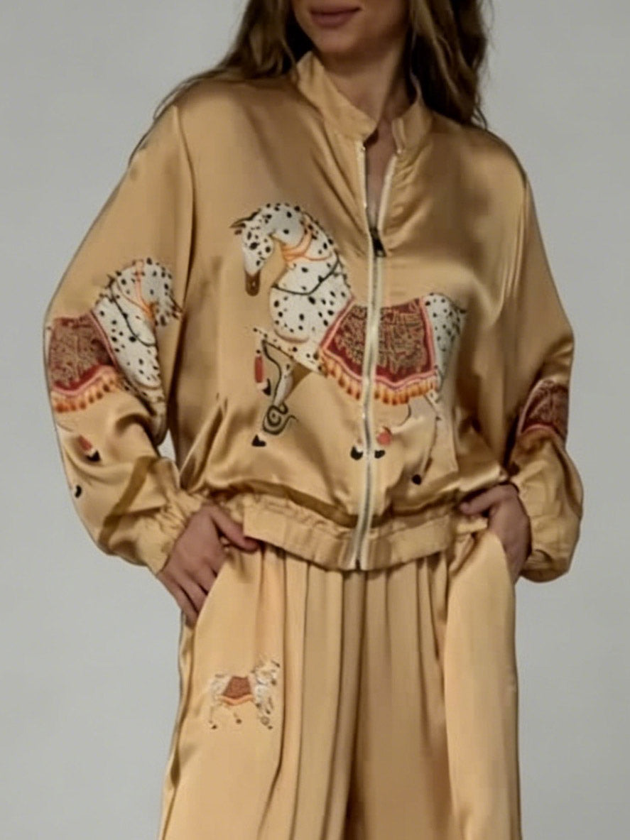 Exquise Satijnen Paardprint Zip Jacket & Wijde Broek Twee-Piece Set