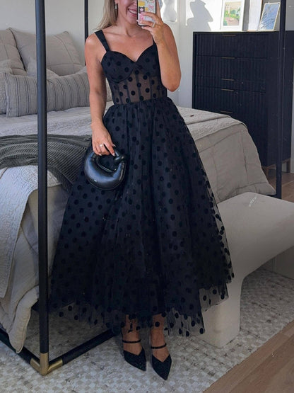 Exquise Perfecte Tulle Polka Dot Sweetheart Bustier A-Lijn Midi Jurk