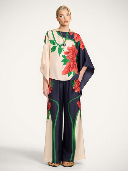 Paisley Print Asymmetrische Mouw Shirt & Brede Pantalon Twee-delige Set