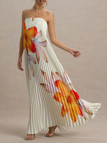 Elegante Sweetheart Oranje Bloemenprint Plissé Maxi Jurk