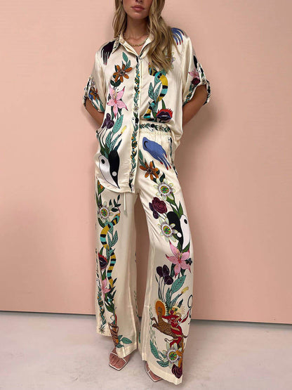 Moderne Verfijnde Gevoel Satin Unieke Print Oversized Blouse Elastische Taille Met Zakken Brede Pantalon Set