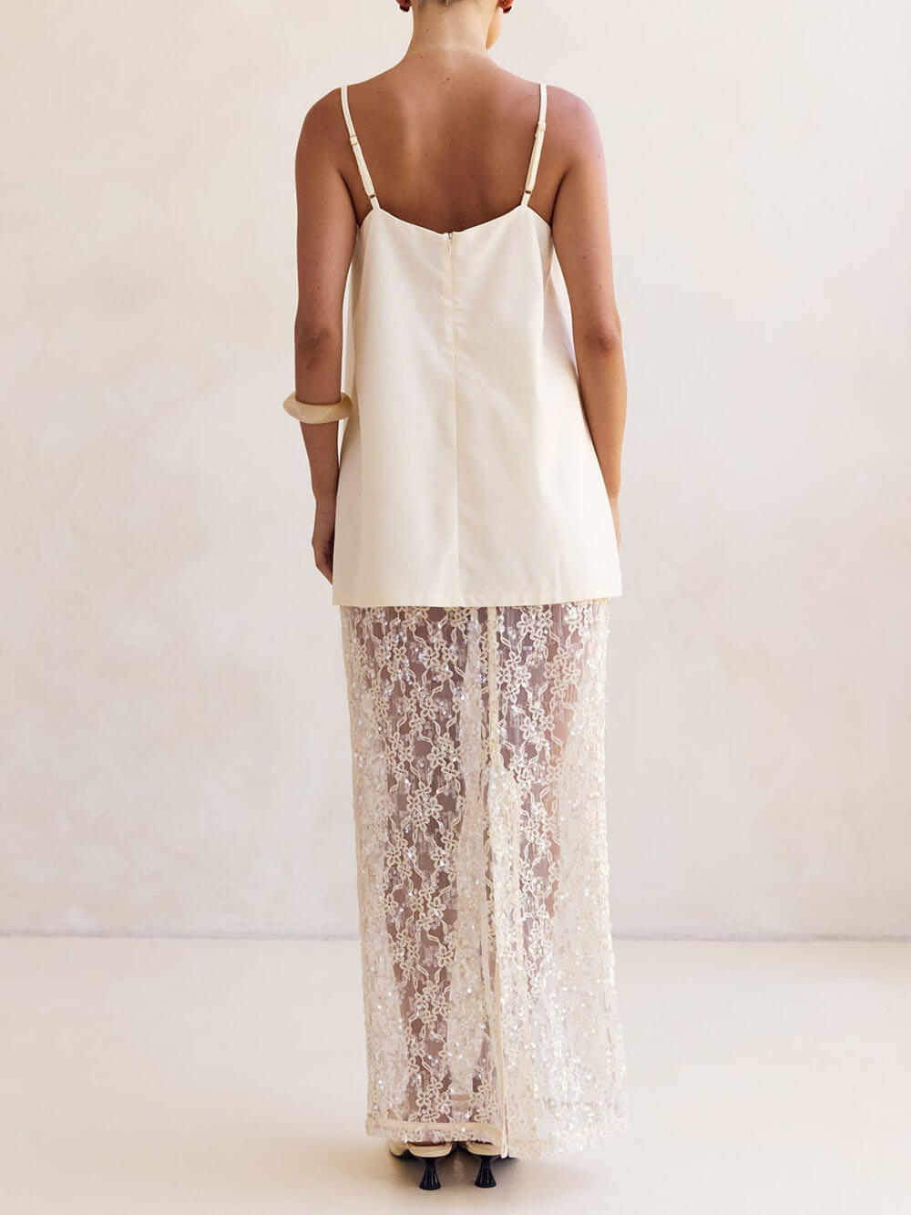 Elegante Off-Shoulder Spaghetti Strap A-Lijn Top & Transparante Pailletten Kant Hoge Taille Maxi Rok Set